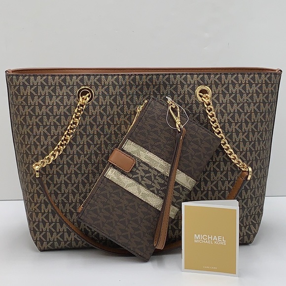 MICHAEL KORS Metallic Logo Chain Tote Bag & LARGE DOUBLE ZIP WRISTLET WALLET - Picture 12 of 16